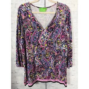 PappaGalley womens blouse Paisley split neck jersey knit Bohemian hippie plus Sz